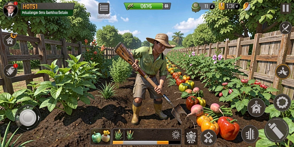 Gameplay menarik dalam HOT51 dengan kebun yang subur dan beragam tanaman.