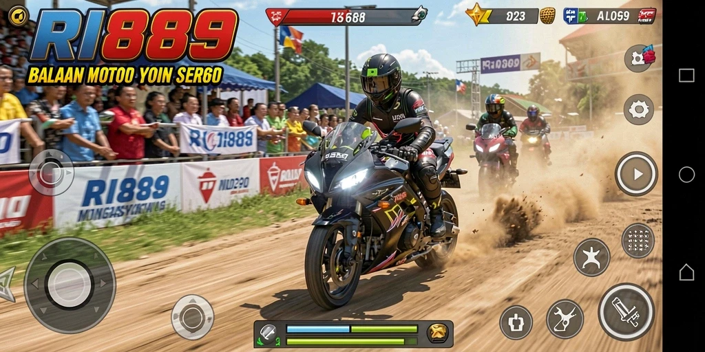 Screenshot RI889 menampilkan aksi balap motor yang mendebarkan.